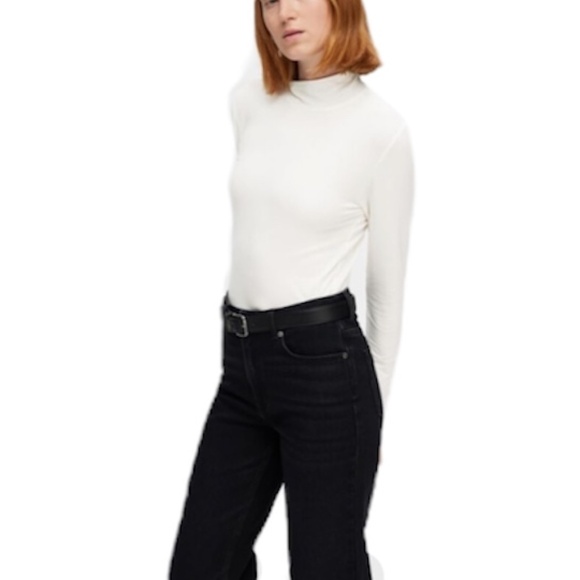 Selected Femme Denmark minimalist white cotton sheer mock neck long sleeve top M - Picture 2 of 11